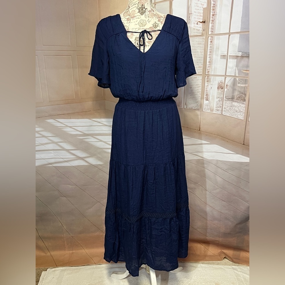 Luxology Dress Women's Medium Blue Maxi Dress Short Sleeve Size M. - Picture 2 of 13